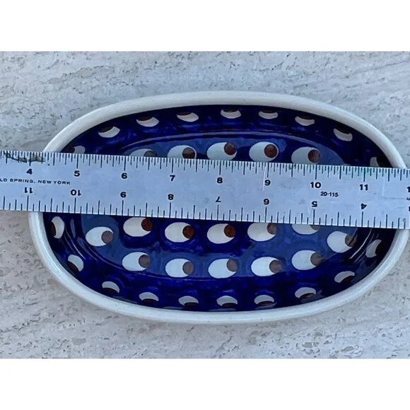 Polish Pottery Oval Dish Sm. Casserole 8"x5" Blue Peacock Eye Pattern Handmade - Picture 6 of 9